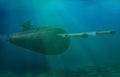 3D rendering submarine submerge underwater firing torpedoes
