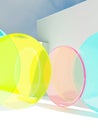 3D Rendering Summer Theme Abstract Circle Neon Acrylic Plates under Sunlight Background for Beauty, Skincare and Healthcare Royalty Free Stock Photo