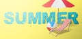 3d rendering of the `SUMMER` title with a beach umbrella, a deck chair and a beach ball on a yellow background.