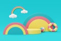 3d rendering of colorfull podium display with summer elements,clouds and rainbow.3d render Royalty Free Stock Photo