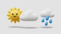 3D rendering of sun, cloud, and raindrops in a playful weather scene Royalty Free Stock Photo
