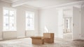 3D rendering of sunny empty living room with moving boxes in old city building of townhouse or apartment for rent or buy Royalty Free Stock Photo