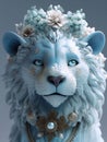 3D rendering of a super cute lion with flowers on its head, super detailed, anthropomorphic face, generative ai