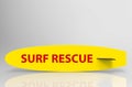 3d rendering. Surf Rescue word on yellow surfboard with clipping path on gray background
