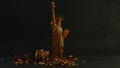 3d rendering of the tarnished golden statue of Liberty. The statue is cut into pieces. There are shards nearby. The idea of