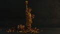 3d rendering of the tarnished golden statue of Liberty. The statue is cut into pieces. There are shards nearby. The idea of