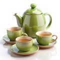 3D rendering of a teapot and cups set isolated on white background Royalty Free Stock Photo
