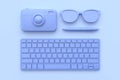 3d render technology concept keyboard camera pen glasses purple-violet all object abstract scene