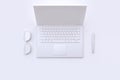 3d render technology concept white scene abstract laptop camera glasses pen smart phone