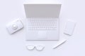 3d render technology concept white scene abstract laptop camera glasses pen smart phone