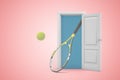 3d rendering of tennis ball and racket emerging from open door on pink copyspace background.