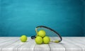 3d rendering of tennis racket and four yellow tennis balls on white wooden floor and dark turquoise background