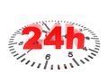 3D rendering of a text `24h` on a clock on a white background