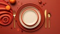 3d rendering of a thanksgiving table with plates spoons forks and knives on a red background