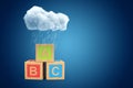 3d rendering of three ABC blocks standing under raining cloud on blue copyspace background.