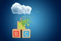 3d rendering of three ABC blocks standing under white raining cloud on blue copyspace background, upper block dissolving