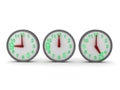 3D Rendering of three clocks, showing nine, twleve and six