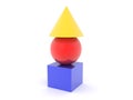 3D Rendering of three colorful geometric objects, a cube, a cone and sphere