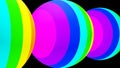 3D rendering. Three colorful spheres with lines that have rainbow colors on a black background. Template for design with spheres Royalty Free Stock Photo