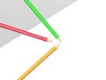 3d rendering of three coloured pencils on a multicoloured background