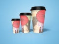 3D rendering of three disposable cups for different drink capacities on blue background with shadow Royalty Free Stock Photo