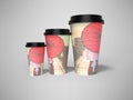 3D rendering of three disposable cups for different drink capacities on gray background with shadow Royalty Free Stock Photo