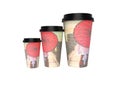 3D rendering of three disposable cups for different drink capacities on white background no shadow