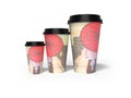 3D rendering of three disposable cups for different drink capacities on white background with shadow