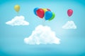 3d rendering of three fluffy white clouds in the blue sky with colourful helium balloons attached to them.