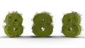 3D rendering of three green numbers eight, decorated with grass and flowers on a white background