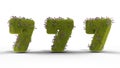 3D rendering of three green numbers seven decorated with grass and flowers on a white background Royalty Free Stock Photo