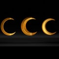 3D Rendering of Three Hanging Golden Crescent Moons