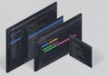A 3D rendering of three overlapping dark-themed computer code editor windows on a light background. Royalty Free Stock Photo