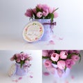 3D Rendering three picture of pink tulips combination on white background