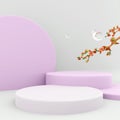 3d rendering three podiums with different heights and round inverted circle icon. 3d render a tree with ripening flowers