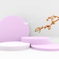 3d rendering three podiums with different heights and round inverted circle icon. 3d render a tree with ripening flowers
