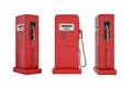 3D rendering of three red gas pumps, front view, sideways, cut apart on a white background. Oil dispenser. Fill the bucket. Road Royalty Free Stock Photo