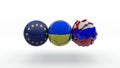 3D rendering of three spheres, Europe, Ukraine and Russia. Ukraine is crushed between the two countries. The idea of economic and