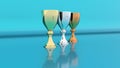 3D - rendering: Three sports cups made of gold, silver and copper on a blue background