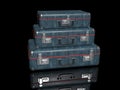 3D rendering. Three suitcases of different sizes, covered with denim, stacked in a pyramid