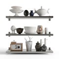 3d rendering of three wooden shelves filled with an array of dishes and kitchen utensils.