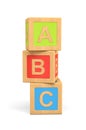 3d rendering of three wooden toy cubes with ABC lettering isolated on white background. Royalty Free Stock Photo