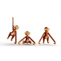 3D rendering of three wooden toy monkeys in different poses isolated on a white background