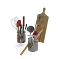 3d rendering of tidy kitchen utensil holder made of metal, featuring a range of cooking tools