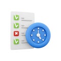 3d rendering timing concept with clock and check list on clipboard icon, 3d render clipboard with complete checklist