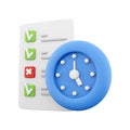 3d rendering timing concept with clock and check list on clipboard icon, 3d render clipboard with complete checklist