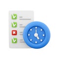 3d rendering timing concept with clock and check list on clipboard icon, 3d render clipboard with complete checklist