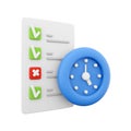 3d rendering timing concept with clock and check list on clipboard icon, 3d render clipboard with complete checklist