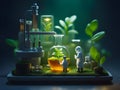 3d rendering. a tiny person standing in a lab and holding a plant inside the tube