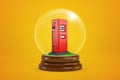 3d rendering of tiny red fuel dispenser inside glass ball globe on amber background.